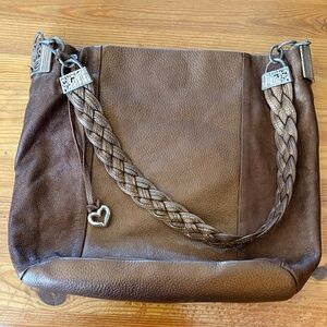 Brighton choc Brown Leather Shoulder Bag with Braided Strap and silver heart